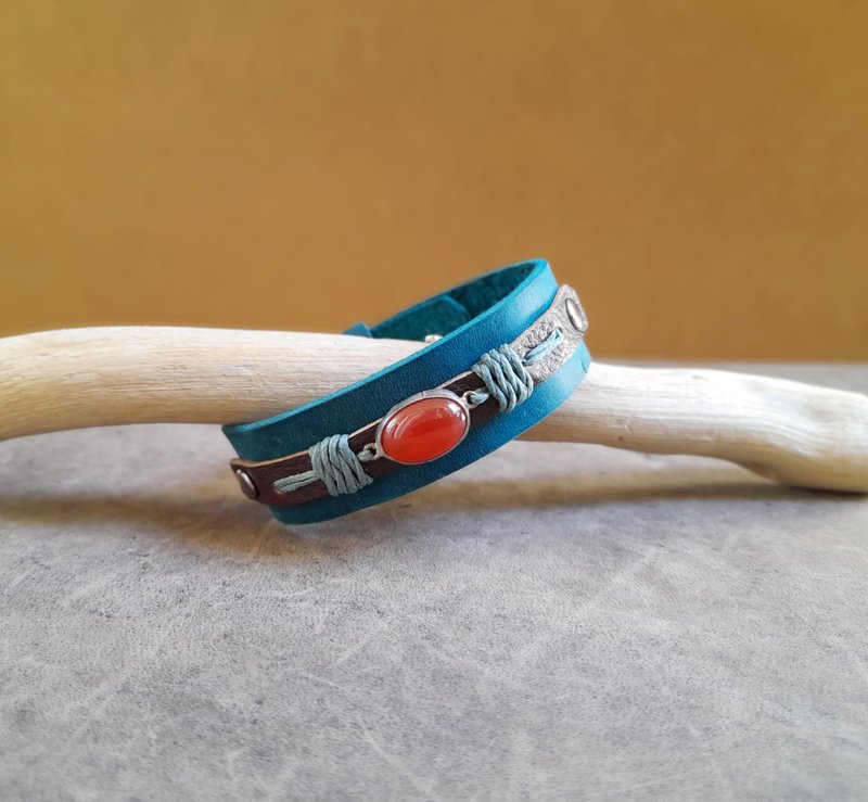 Blue Leather Cuff Bracelet with Natural Orange Carnelian Stone, Silver 925 - Bracelets - Genuine Leather Blue