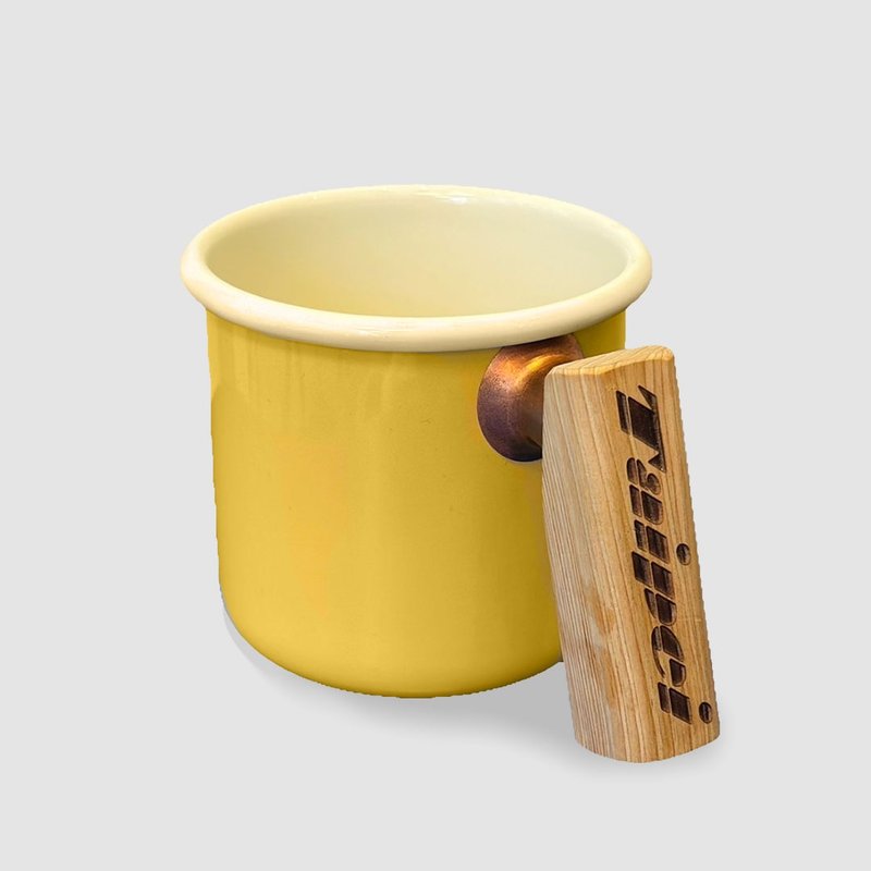 Truvii 檜木把手雙色琺瑯杯 露營杯 - 奶油黃 - 杯子 - 琺瑯 黃色