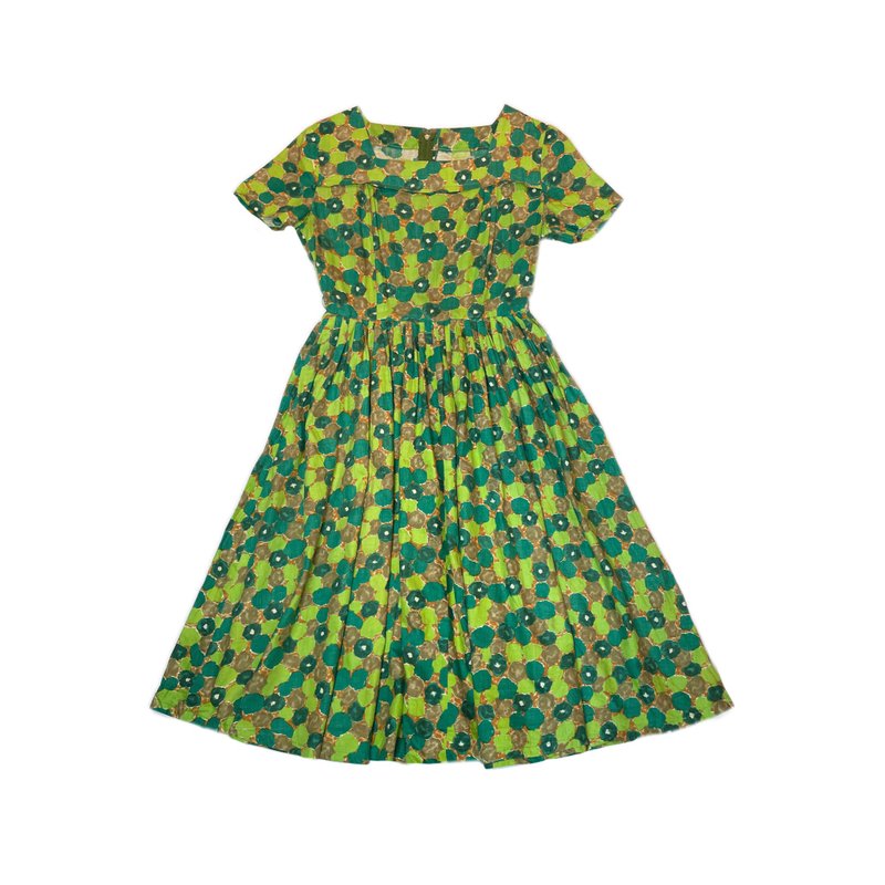 森林系水彩綠葉方領洋裝 - 洋裝/連身裙 - 棉．麻 多色