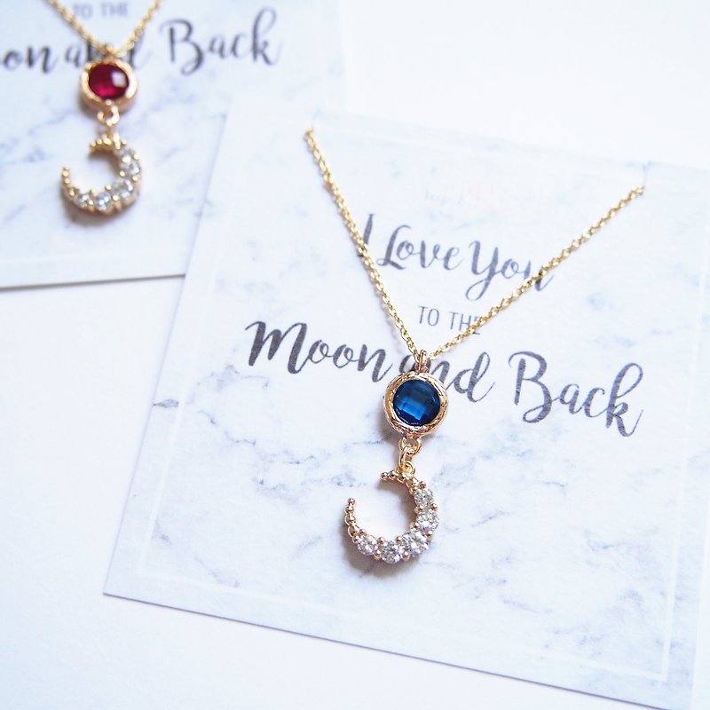 Romantic crooked moon・Gold-plated rimmed glass imitation Gemstone・Necklace necklace (43cm) Gift - Necklaces - Other Metals Blue