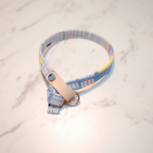 Michu Pet Collars #美珠手作 貓 項圈 水藍 方格 城市漫步 不規則 日本純棉+植鞣皮 貓咪 雙面設計 吊牌 鈴鐺