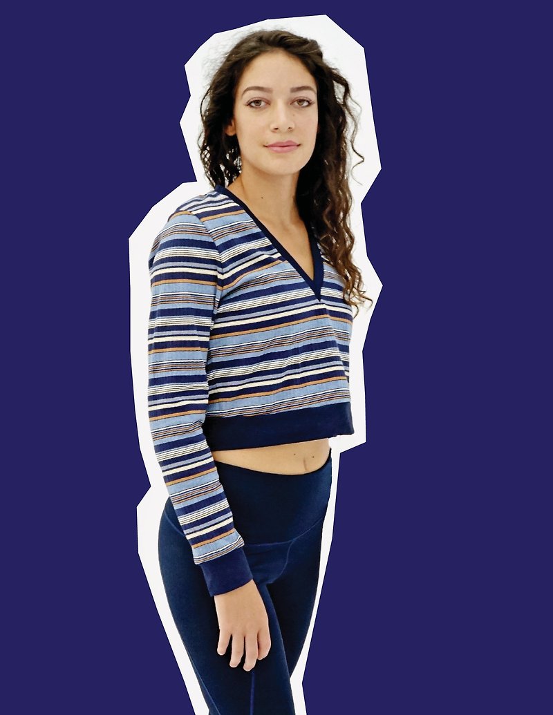 NUZAK Women's Crop Stripe Sweater - สเวตเตอร์ผู้หญิง - ผ้าฝ้าย/ผ้าลินิน 