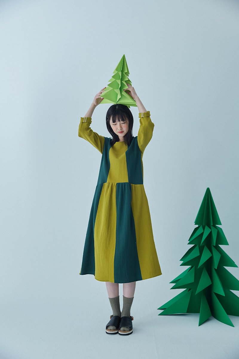 黃綠拼接軟綿長洋裝 - 連身裙 - 棉．麻 綠色