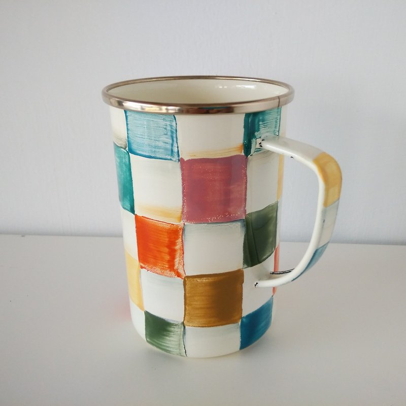 彩色格紋琺瑯杯|馬克杯|600ml - 咖啡杯/馬克杯 - 琺瑯 多色