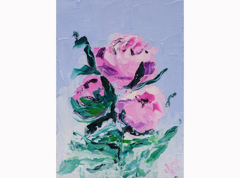 Pink Peony Oil Painting Floral Original Art Small Impasto Wall Art Peony Bouquet - 海報/掛畫/掛布 - 其他材質 粉紅色