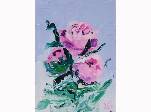 Nataly Mak Pink Peony Oil Painting Floral Original Art Small Impasto Wall Art Peony Bouquet
