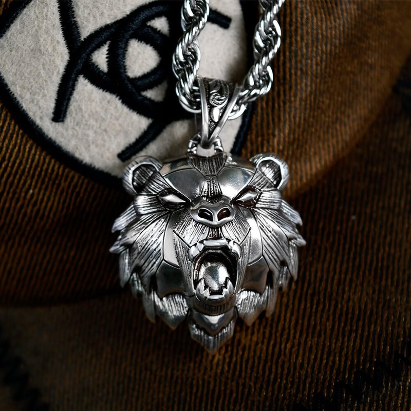 Jungle Angry Bear Men's Necklace Personalized Necklace Personalized Jewelry Necklace Long Necklace Stainless Steel Chain - Long Necklaces - Stainless Steel Silver