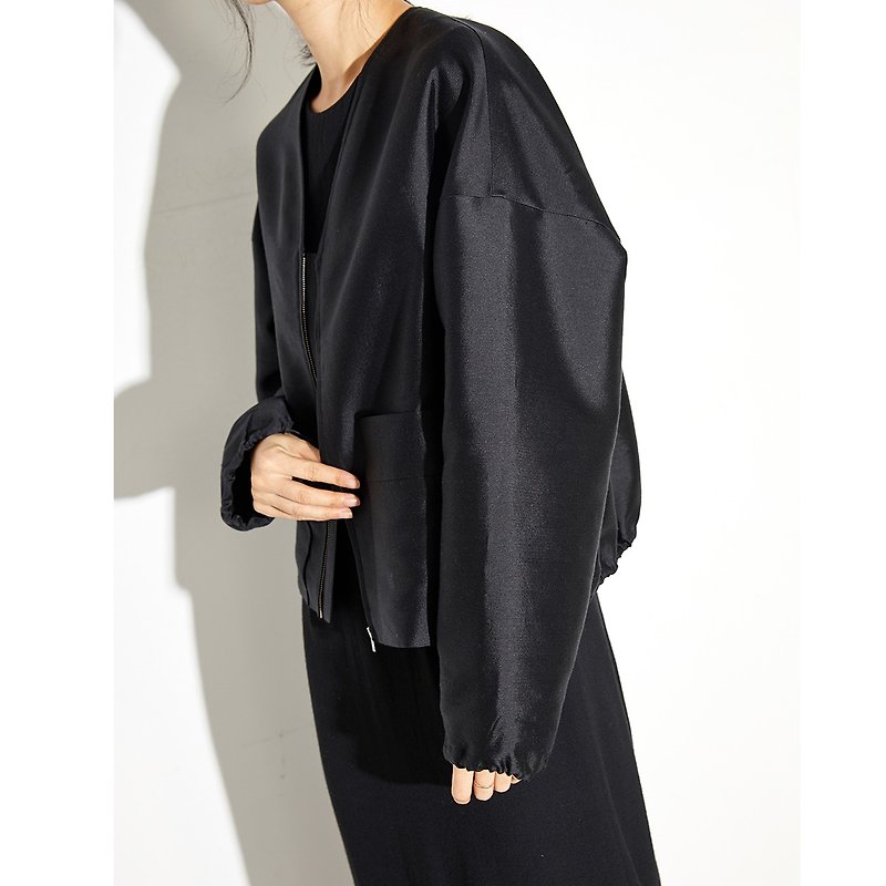 杲果GAOGUO原創設計女裝 拉鏈絲羊毛長袖短款廓形外套夾克 - 外套/大衣 - 羊毛 黑色
