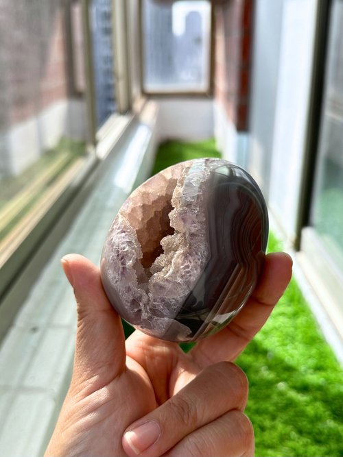 天然水晶原石置物】ホワイトアメジスト共生/瑪瑙ジオード/水晶原石