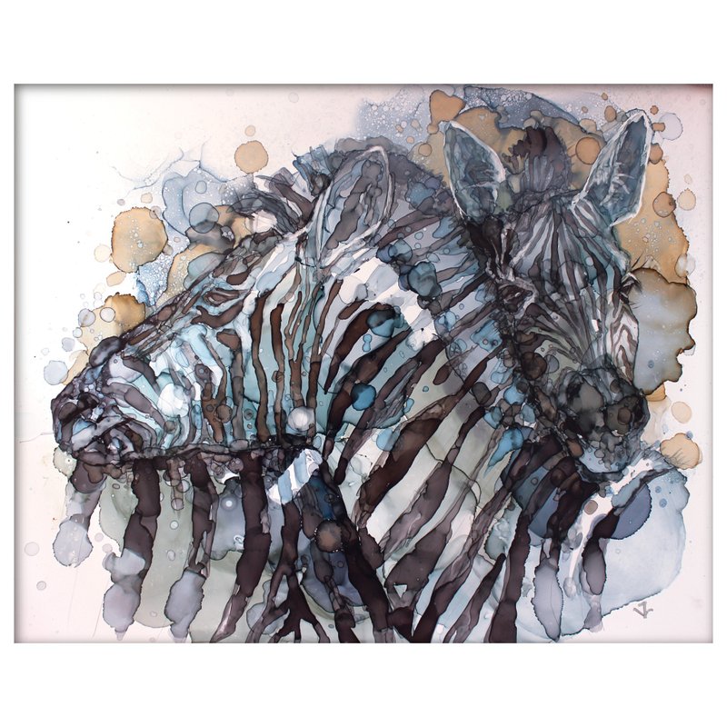 Painting of two zebras, hand-painted feng shui painting of animals in love - Wall Décor - Other Materials Gray