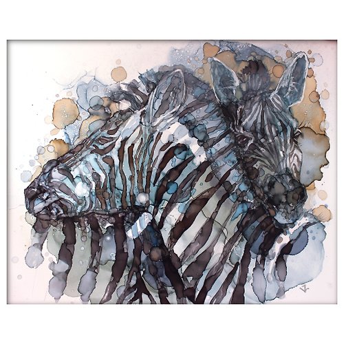 ArtVladlena 兩只斑馬的畫 手繪的動物戀愛風水畫