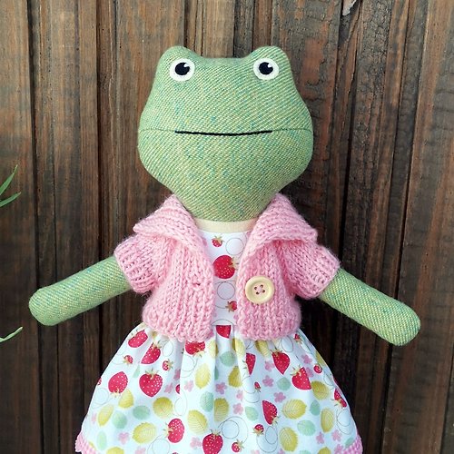 TweedyLand Green frog girl, handmade soft toad toy, textile stuffed doll
