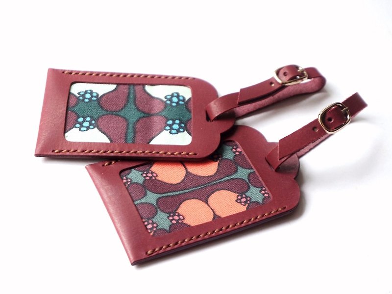 Personalised Red Leather Luggage Tag with assorted canvas print design - 行李吊牌 - 真皮 紅色