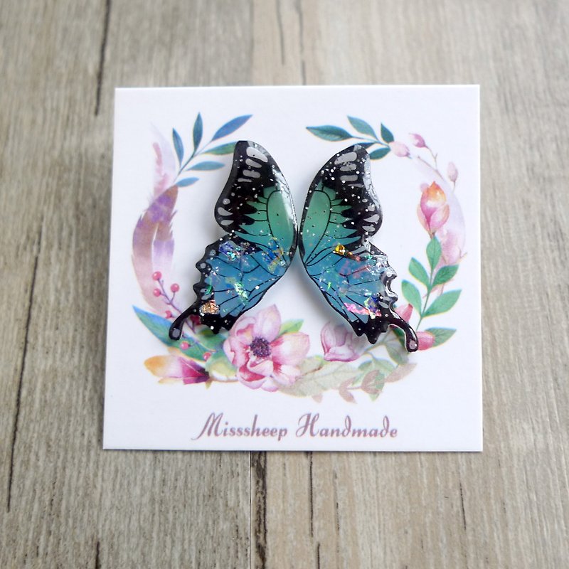 Misssheep- [Butterfly Wings Series - Green Blue] Hand-made earrings (ear acupuncture / transparent ear clip) [A pair] - ต่างหู - พลาสติก 