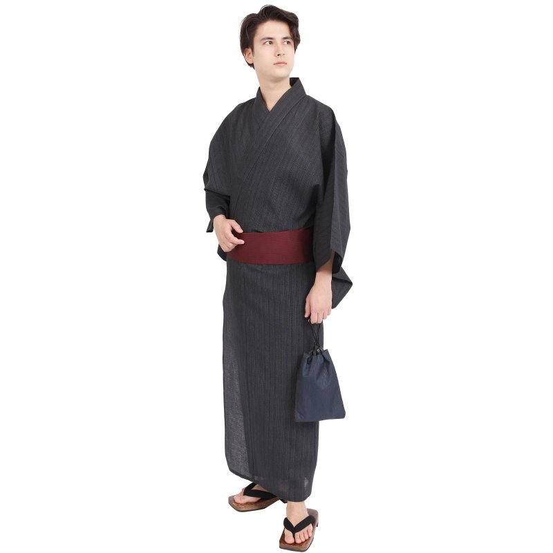 日本 和服 男 綿麻 浴衣 腰封 2 件 套組 S-LL WN17 - 其他 - 棉．麻 灰色