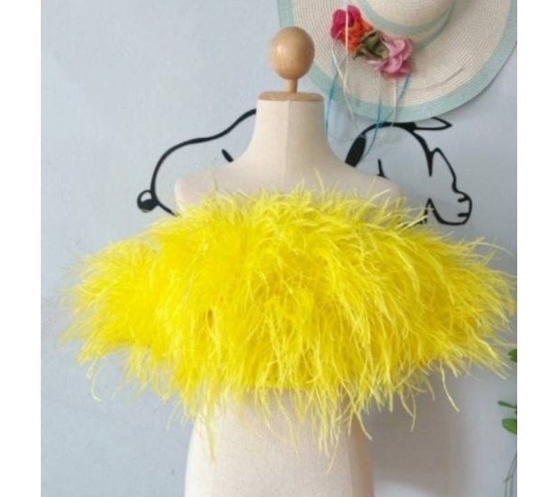 Yellow feathered bandeau top with two sleeves and a back zip. - Women's Tops - Down Yellow