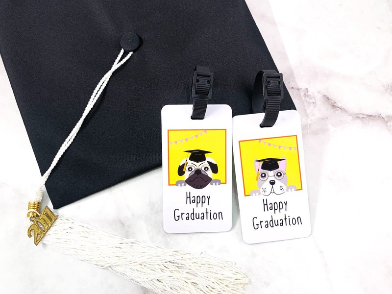 Graduation series dog bachelor hat luggage tag set/birthday gift/girlfriend gift/graduation gift - ป้ายสัมภาระ - พลาสติก 