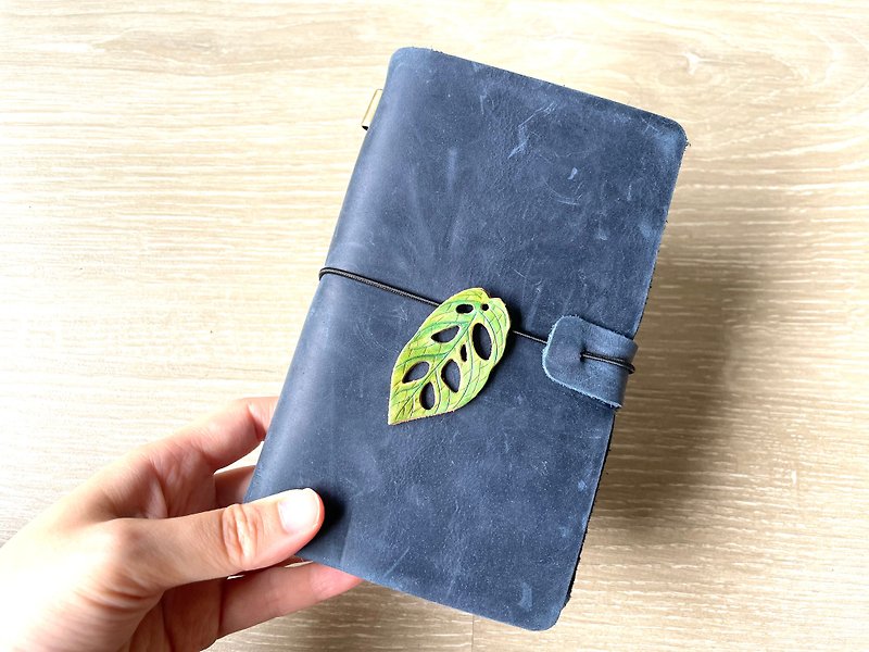 Blue Leather Handbook with Leaf Bookmark - Notebooks & Journals - Genuine Leather Brown