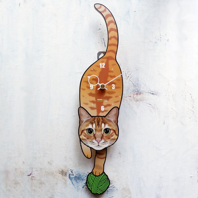 C-100 橘色虎斑猫 - 動物造型鐘擺鐘 - 時鐘/鬧鐘 - 木頭 白色