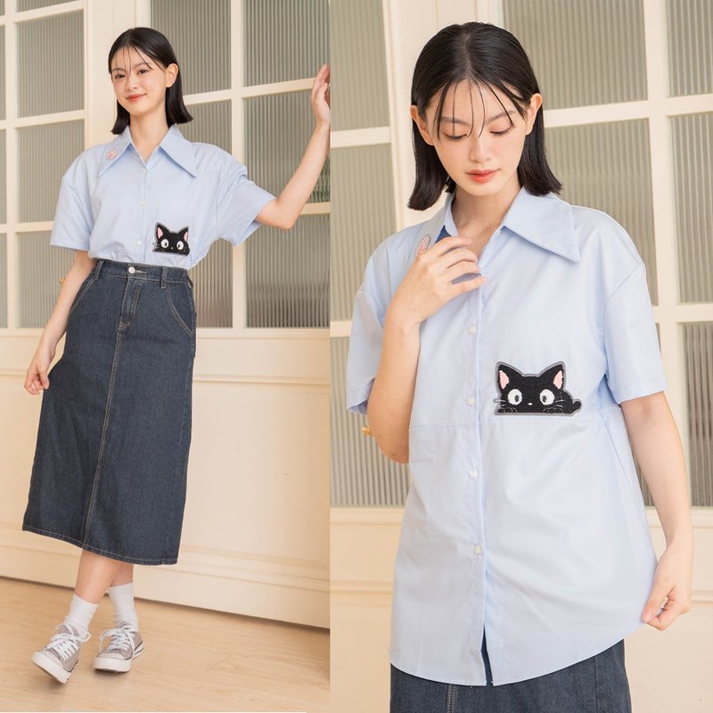 Little black cat towel embroidered casual shirt [9007501] - เสื้อเชิ้ตผู้หญิง - ผ้าฝ้าย/ผ้าลินิน สีน้ำเงิน