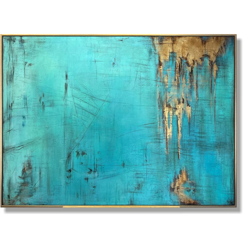 Large Original Oil Blue Painting Wall Art Gold Leaf Wall Decor - 壁貼/牆壁裝飾 - 壓克力 綠色