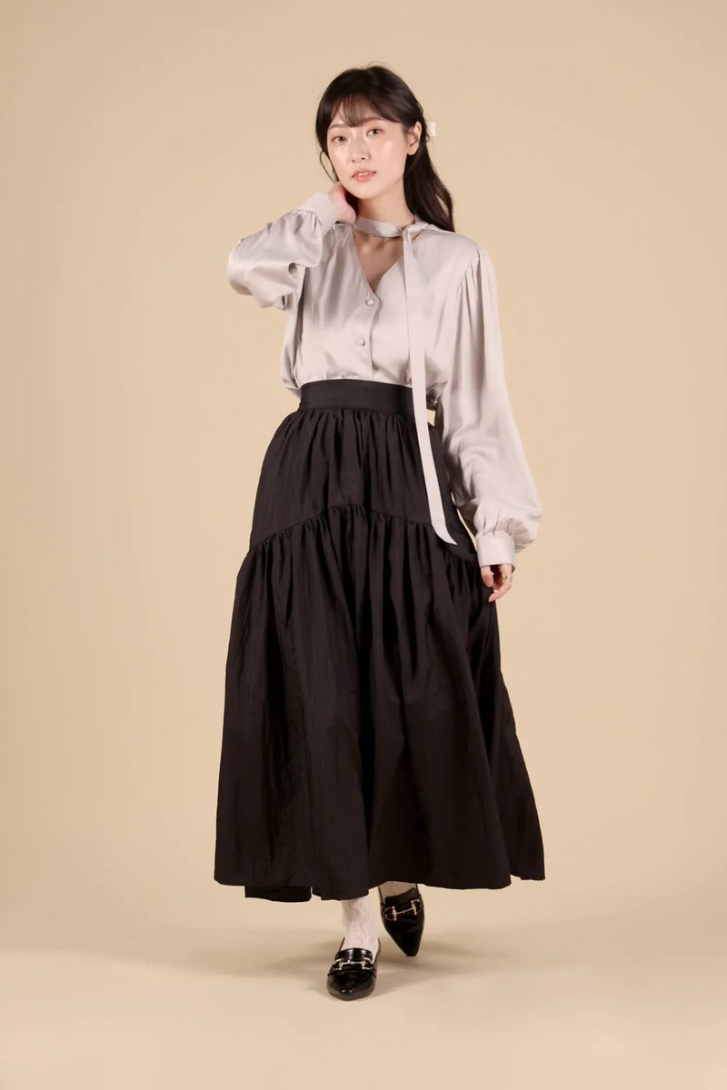 Romantic draped anti-wrinkle draped long skirt - black - Skirts - Polyester Black