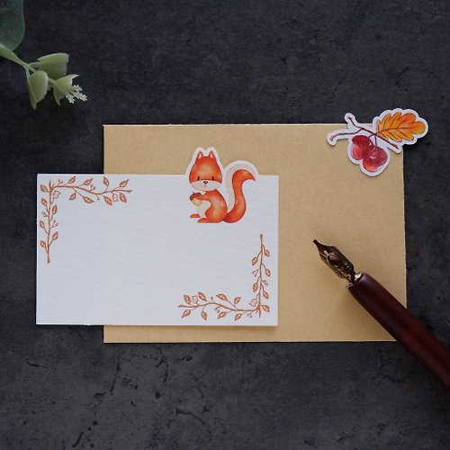 Jin design 【秋。松鼠對視】卡片信封 米色紋路厚磅藝術紙 質感小卡 牛皮紙