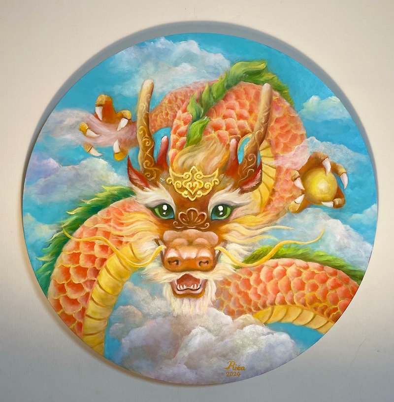 Good Luck Dragon original hand-painted oil painting/Chinese dragon cute and majestic/limited edition/Taiwanese artist - โปสเตอร์ - วัสดุอื่นๆ 