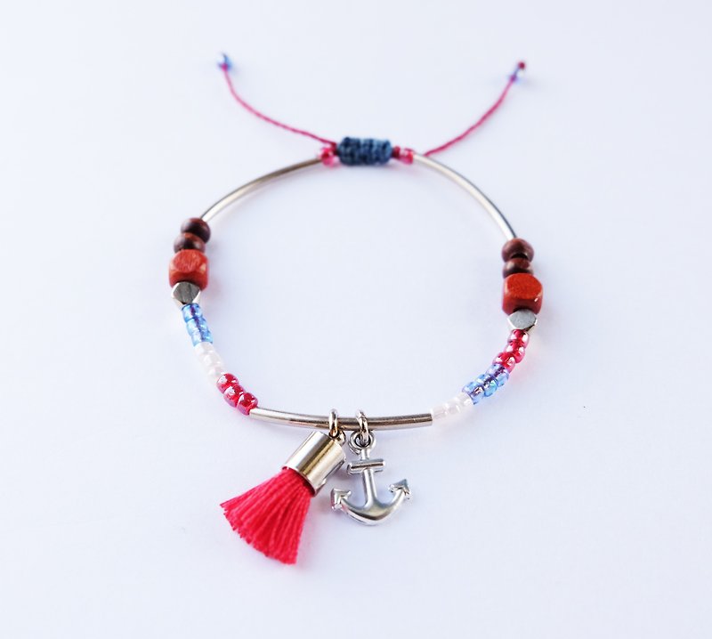 Anchor nautical red tassel string bracelet - Bracelets - Other Materials Red