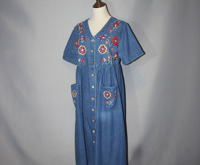 Vintage vintage dress) denim embroidery design 100% cotton short ...