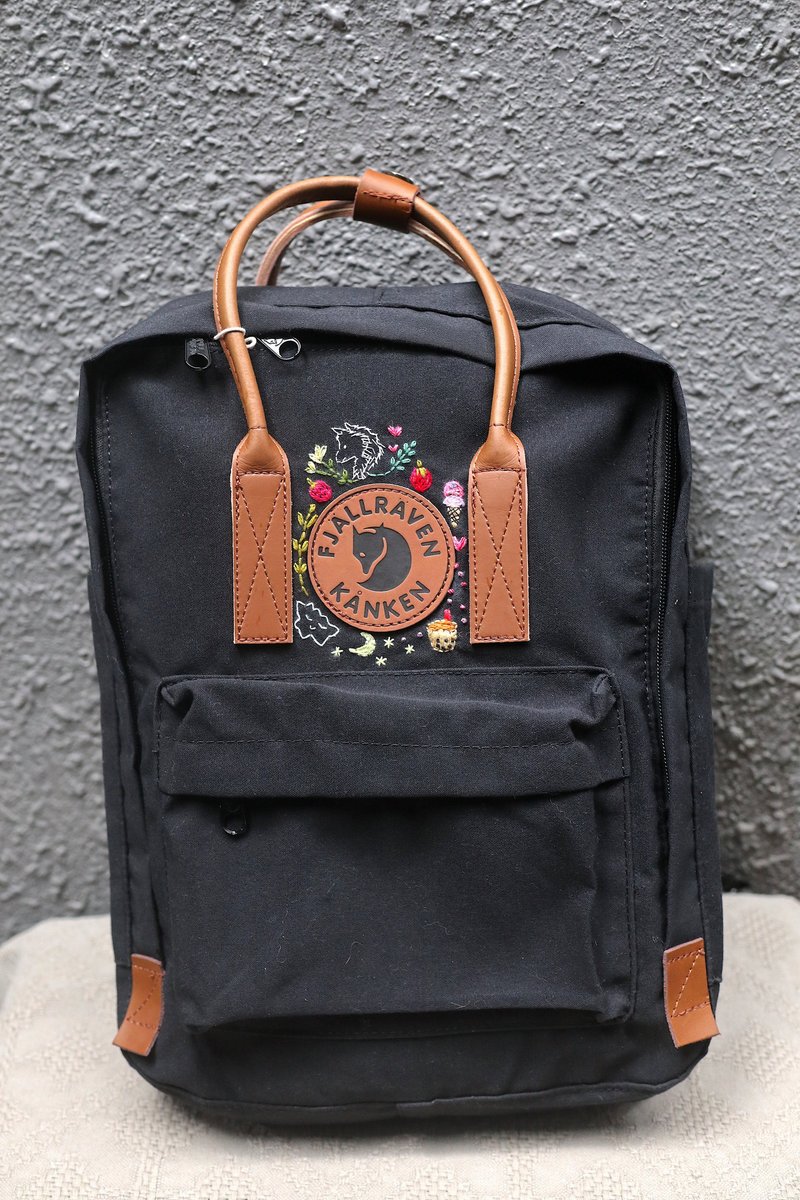 Cute sweets theme--kanken black bag--handmade embroidery design custom - กระเป๋าเป้สะพายหลัง - วัสดุกันนำ้ สีดำ