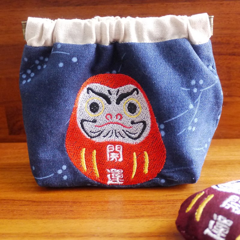 Lucky Bodhidharma tumbler embroidered shrapnel money bag embroidered English name please note - กระเป๋าใส่เหรียญ - งานปัก สีน้ำเงิน