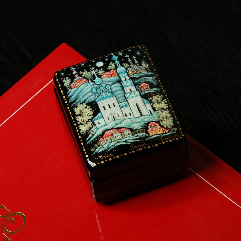 Plyos small lacquer box village decorative miniature art - ของวางตกแต่ง - วัสดุอื่นๆ สีน้ำเงิน