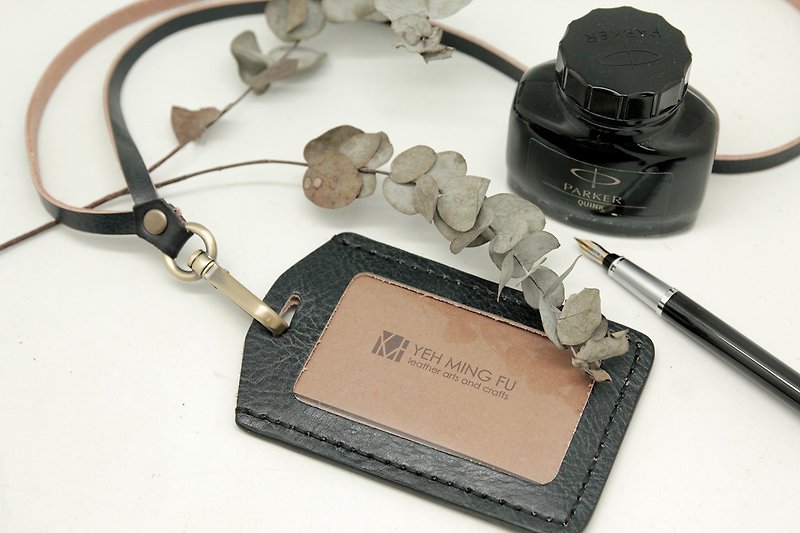 Fancy Flower Grey Black Series-Hand-stitched Leather Identification Card Set - ที่ใส่บัตรคล้องคอ - หนังแท้ สีดำ