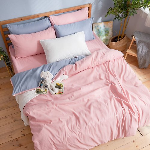 DUYAN 竹漾寢飾 床包被套組-單人/雙人/加大/ 舒柔棉 / 砂粉色床包+粉藍被套