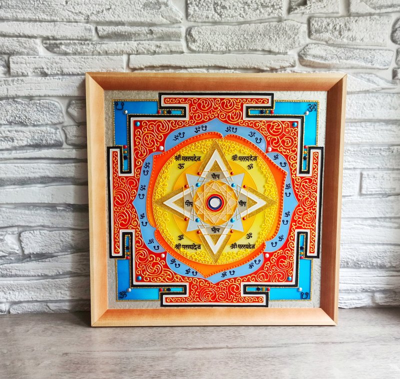 Yantra Ketu金Yantra曼陀罗绘制行星印度装饰Om符号 - 壁貼/牆壁裝飾 - 玻璃 橘色