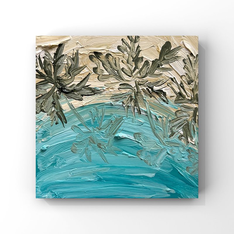 Maldives Beach Oil Painting Top View of Palm Trees Original Art Turquoise Beige - 海報/掛畫/掛布 - 其他材質 多色