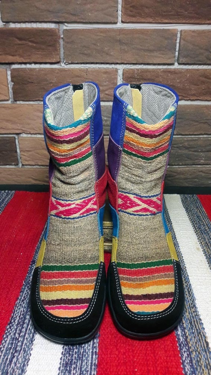 祕魯風格短靴-24cm - 女休閒鞋/帆布鞋 - 真皮 藍色