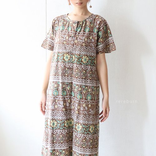REreburn 日本製昭和風復古民族風圖騰咖啡色薄棉短袖古著洋裝