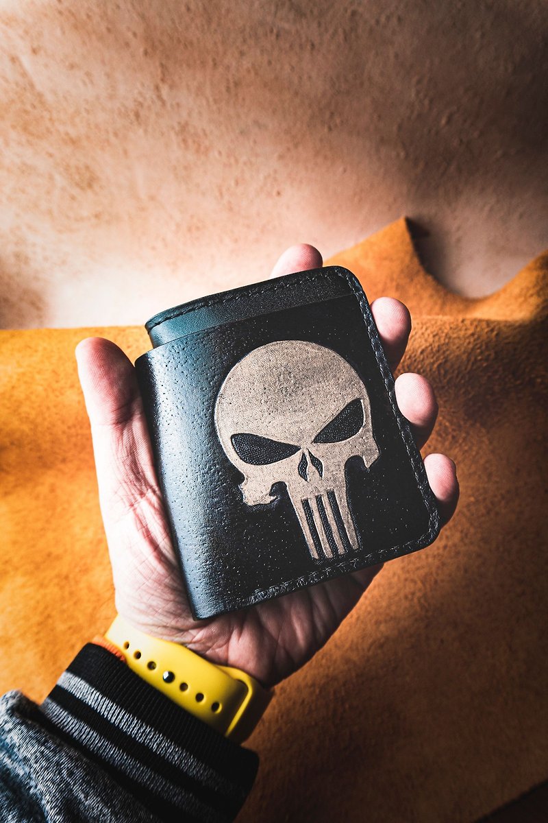 Handmade Punisher Black Leather Wallet, Gift for Him - 名片夾/名片盒 - 真皮 黑色