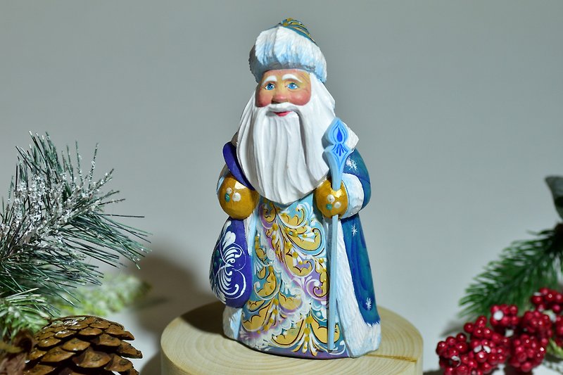 Collectible Russian Santa, Hand carved Santa Claus, Hand painted Russian Santa - Stuffed Dolls & Figurines - Wood Blue