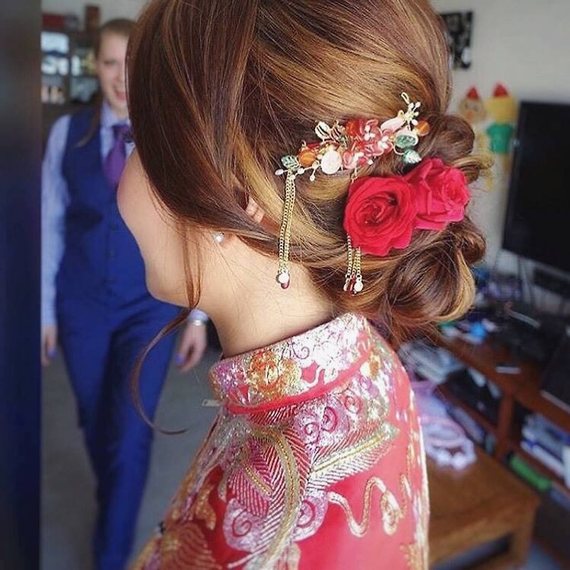 古典琉璃新娘頭飾Bridal Headpiece,中式頭飾,裙褂頭飾 (一套2件) - 髮飾 - 其他金屬 紅色