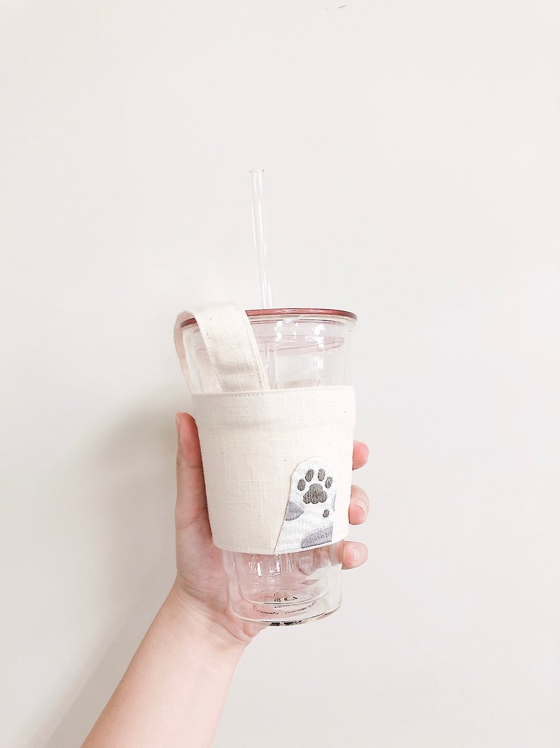 [Bibi Bear] Cat Meat Ball Embroidered Off-White Drink Bag Cover - Beverage Holders & Bags - Cotton & Hemp White