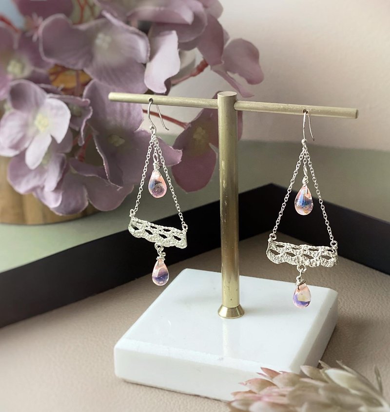 Lace & Colored Natural Stone Sterling Silver Earrings Real Casting Two-Day Course - งานโลหะ/เครื่องประดับ - เงิน 