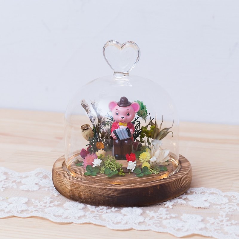 Three cat flower hand-made doll LED glass shade dried flowers flower ceremony spot - ตกแต่งต้นไม้ - พืช/ดอกไม้ สีแดง