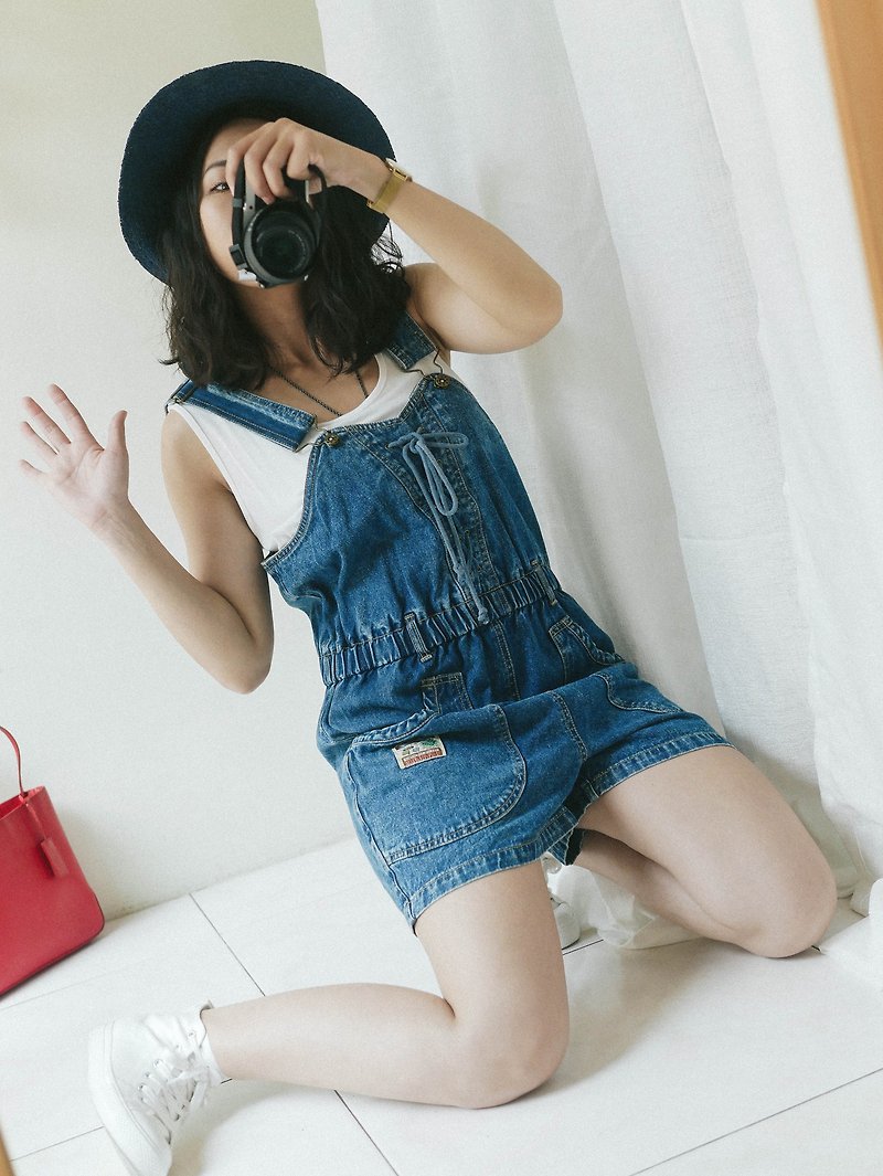 Fukushima Washed Snowflake Strap Love Daytime Astringent Time Antique Jumpsuit Denim Cuff Shorts overalls - จัมพ์สูท - ผ้าฝ้าย/ผ้าลินิน สีน้ำเงิน