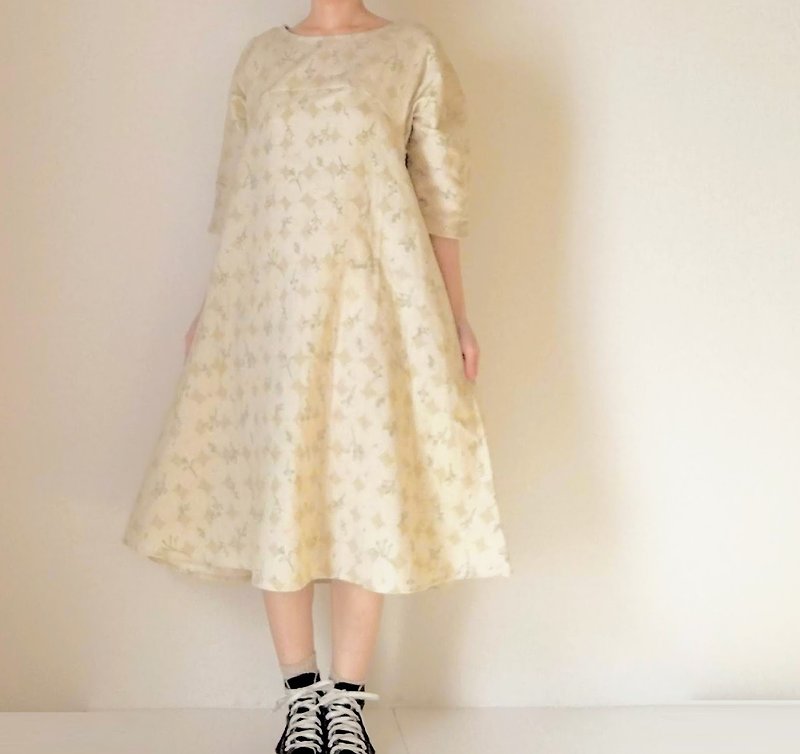 Blurred grass flare One piece dress Double gauze fabric beige - One Piece Dresses - Cotton & Hemp White