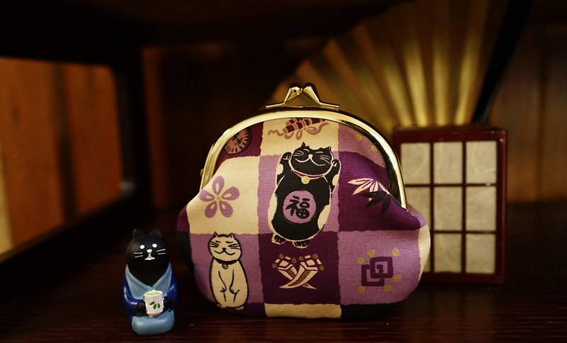 市松來福貓(紫)椿包 - 長短皮夾/錢包 - 棉．麻 紫色