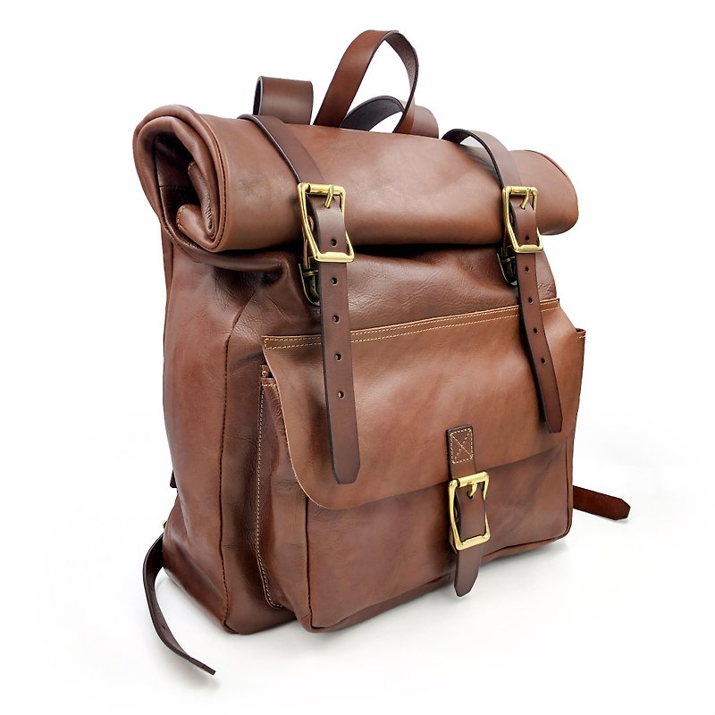 Handmade vegetable tanned leather-large backpack leather backpack - กระเป๋าเป้สะพายหลัง - หนังแท้ สีนำ้ตาล