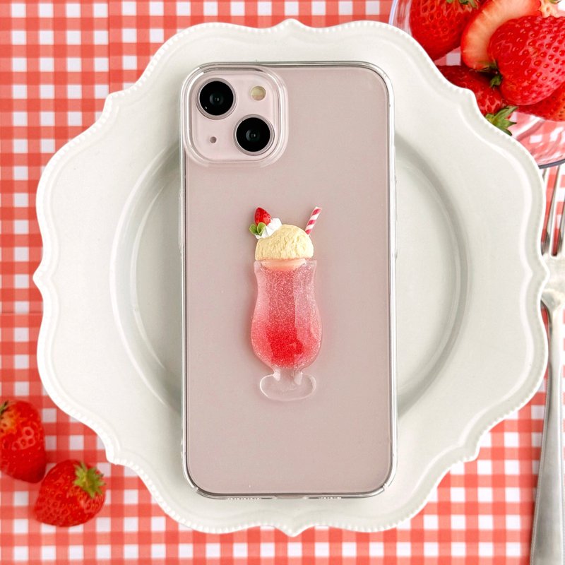 草莓 奶油蘇打 iPhone手機殼 粉色 透明殼 復古 喫茶店 仿真甜點 iPhone17 - 手機殼/手機套 - 樹脂 粉紅色